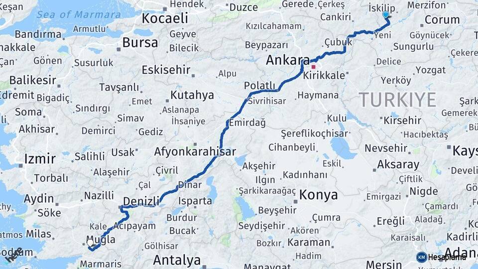 Çorum Bayat Muğla Arası Kaç Km - Yol Haritası
