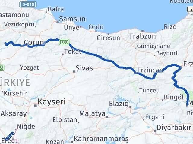 Çorum Bayat Muş Arası Kaç Km - Yol Haritası