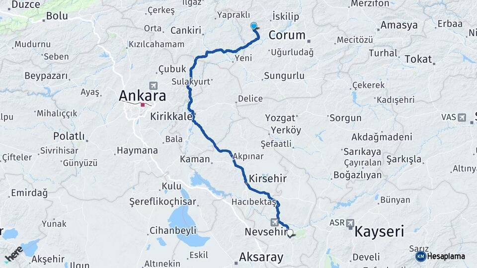 Çorum Bayat Nevşehir Arası Kaç Km - Yol Haritası