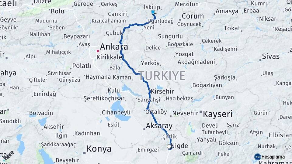 Çorum Bayat Niğde Arası Kaç Km - Yol Haritası