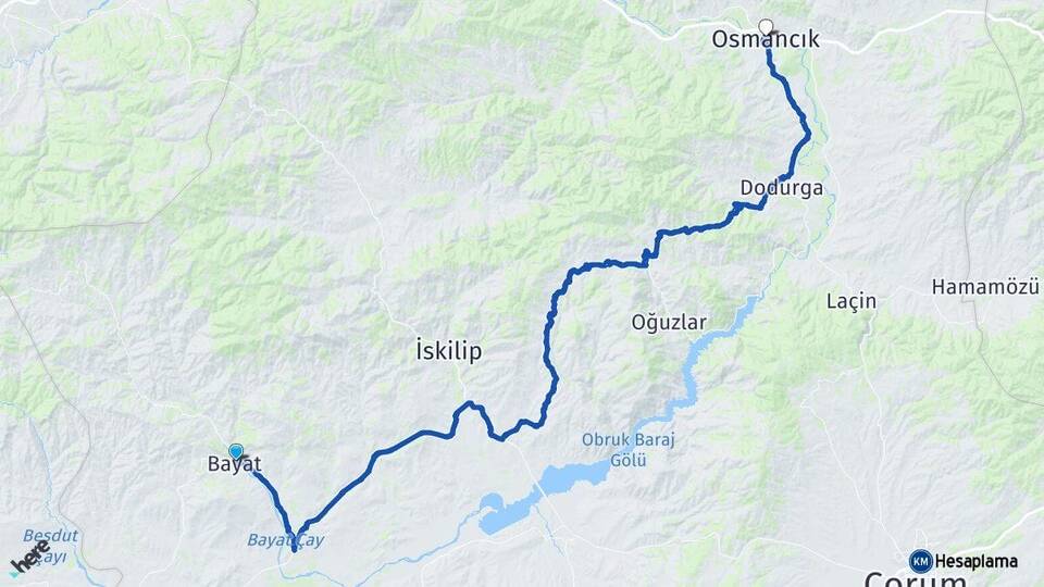 Çorum Bayat Osmancık Arası Kaç Km - Yol Haritası