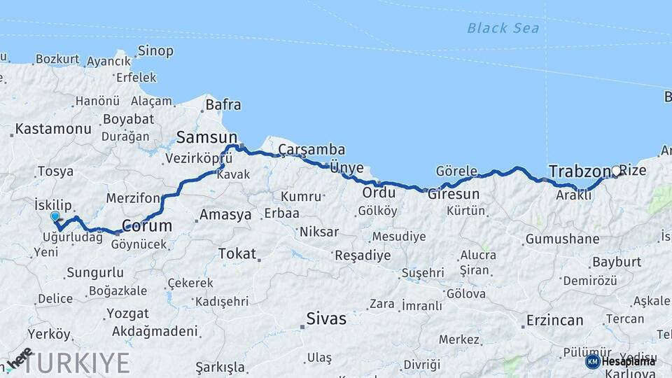 Çorum Bayat Rize Arası Kaç Km - Yol Haritası