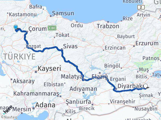Çorum Bayat Siirt Arası Kaç Km - Yol Haritası