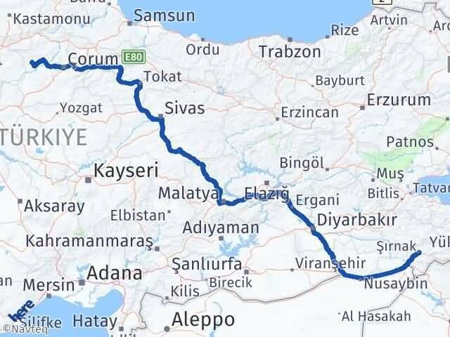 Çorum Bayat Şırnak Arası Kaç Km - Yol Haritası