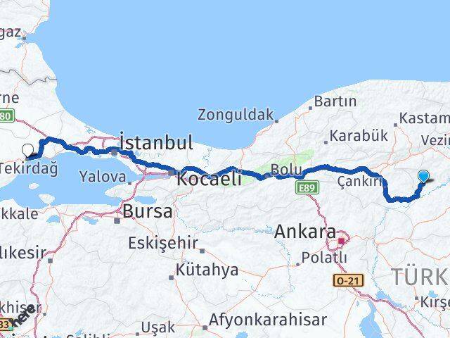 Çorum Bayat Tekirdağ Arası Kaç Km - Yol Haritası