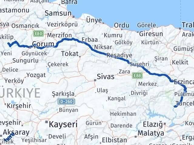 Çorum Bayat Tunceli Arası Kaç Km - Yol Haritası
