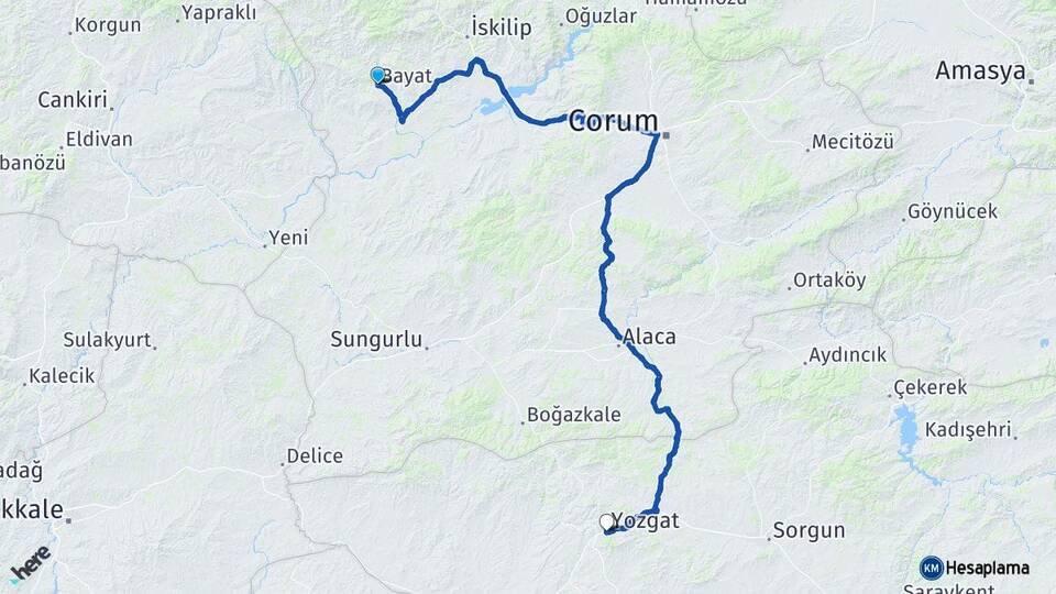 Çorum Bayat Yozgat Arası Kaç Km - Yol Haritası