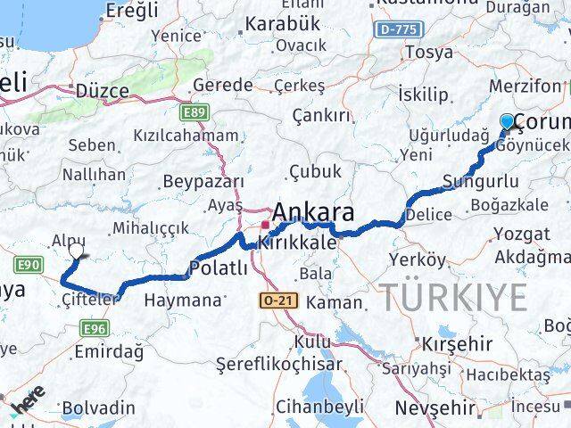 Çorum Beylikova Eskişehir Arası Kaç Km - Yol Haritası