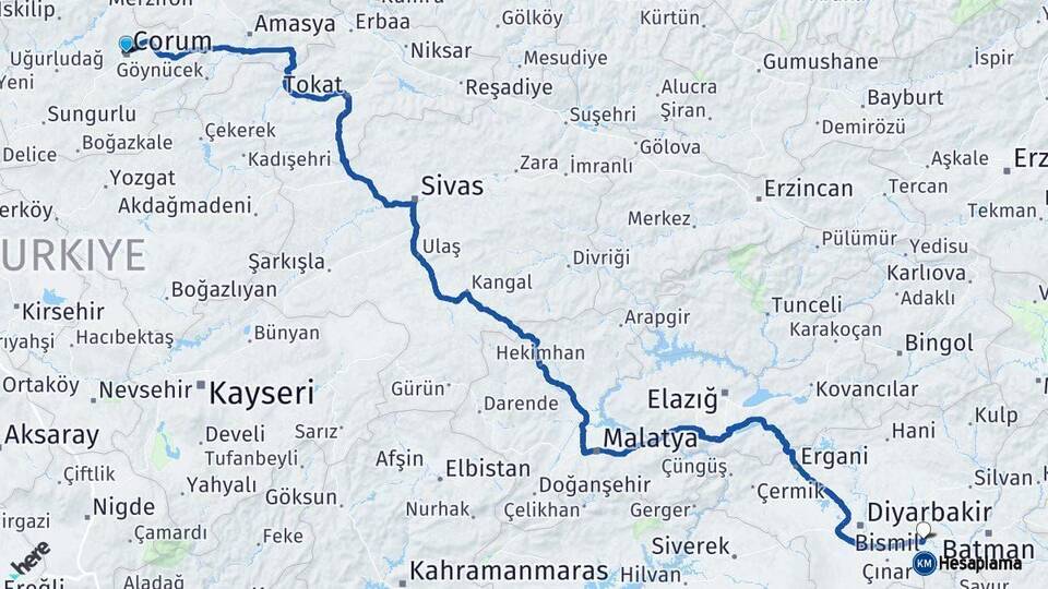 Çorum Bismil Diyarbakır Arası Kaç Km - Yol Haritası