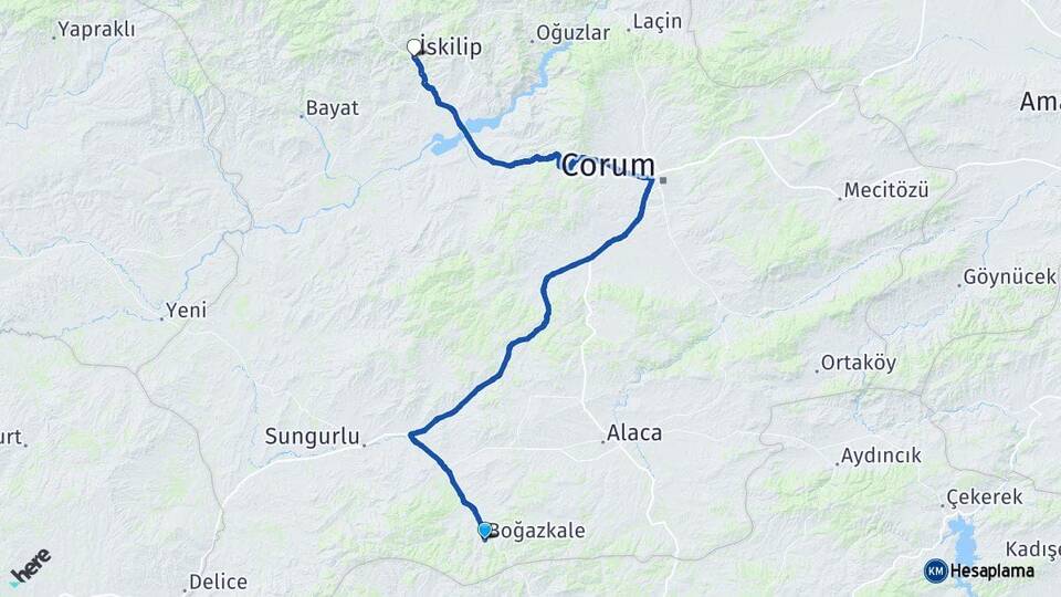Çorum Boğazkale İskilip Arası Kaç Km - Yol Haritası