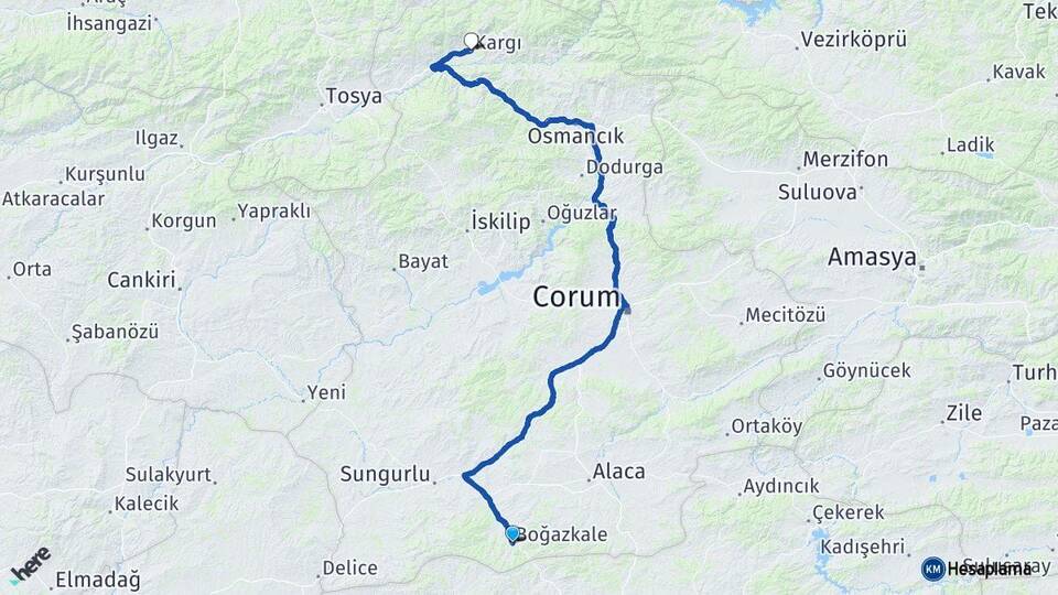 Çorum Boğazkale Kargı Arası Kaç Km - Yol Haritası