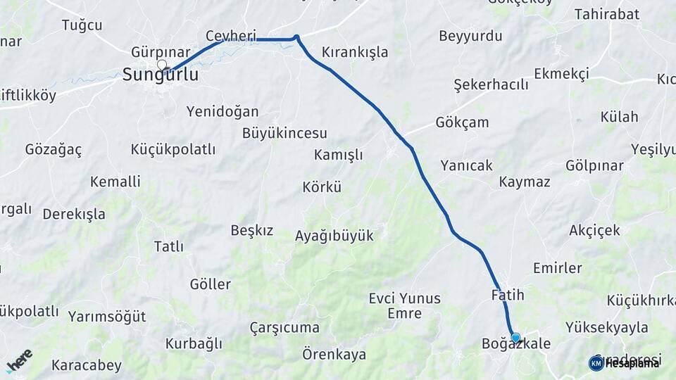 Çorum Boğazkale Sungurlu Arası Kaç Km - Yol Haritası