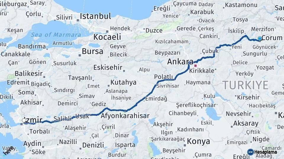 Çorum Bornova İzmir Arası Kaç Km - Yol Haritası