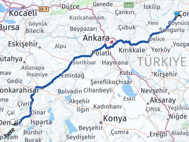 Çorum Bozkurt Denizli Arası Kaç Km - Yol Haritası