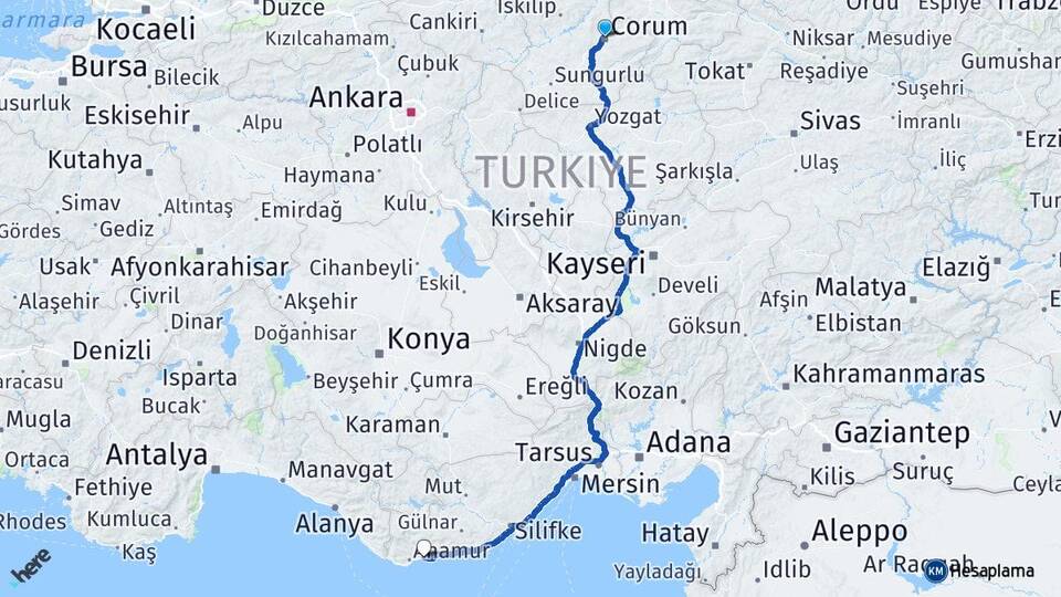 Çorum Bozyazı Mersin Arası Kaç Km - Yol Haritası