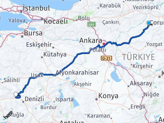 Çorum Buharkent Aydın Arası Kaç Km - Yol Haritası