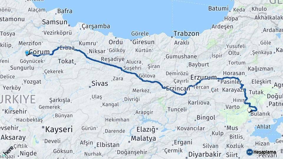 Çorum Bulanık Muş Arası Kaç Km - Yol Haritası