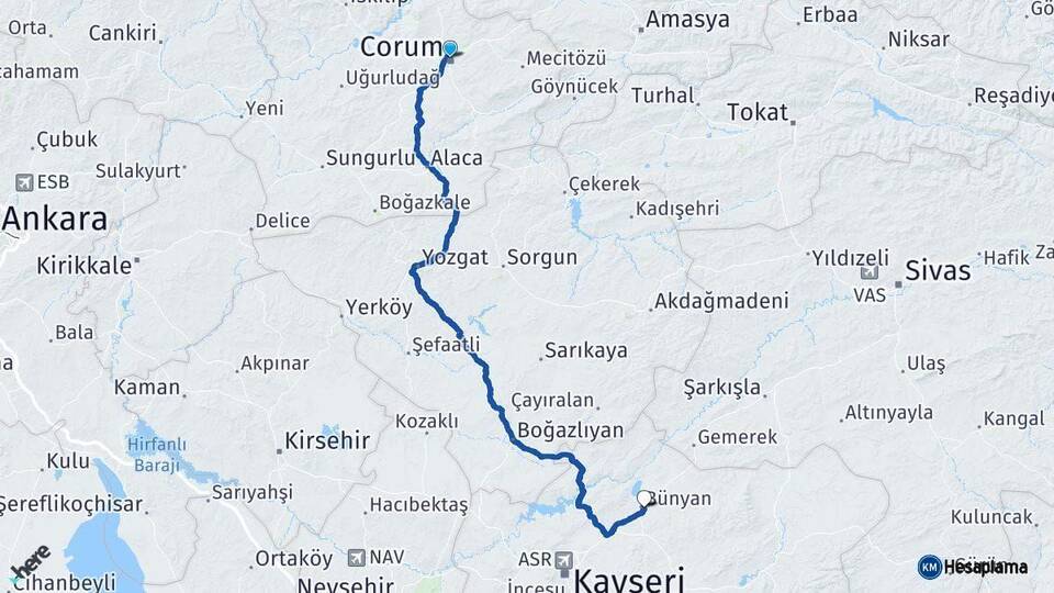 Çorum Bünyan Kayseri Arası Kaç Km - Yol Haritası