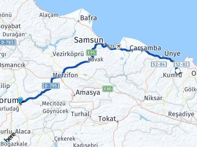 Çorum Çamaş Ordu Arası Kaç Km - Yol Haritası