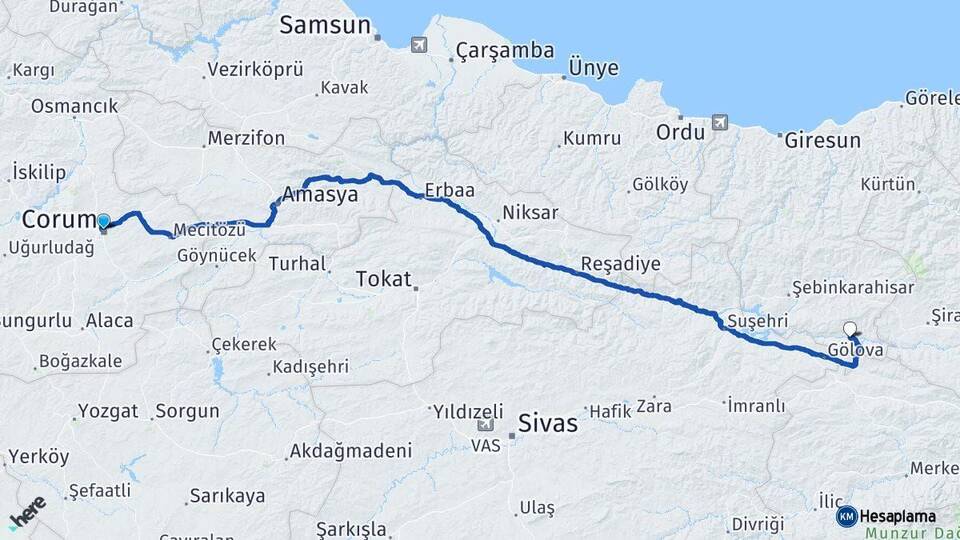 Çorum Çamoluk Giresun Arası Kaç Km - Yol Haritası