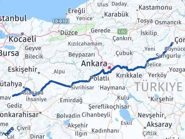Çorum Çavdarhisar Kütahya Arası Kaç Km - Yol Haritası