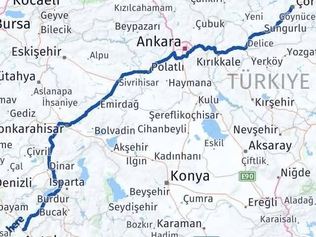 Çorum Çavdır Burdur Arası Kaç Km - Yol Haritası