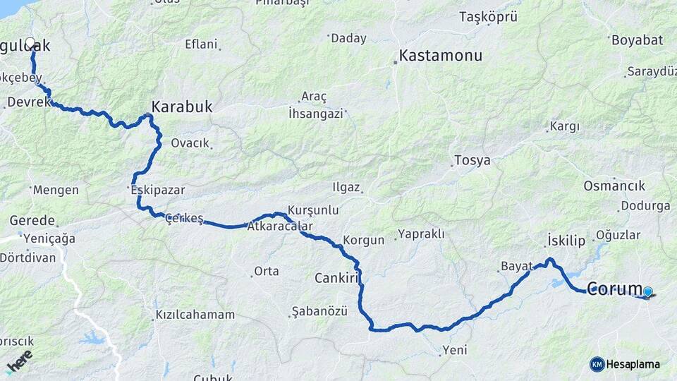 Çorum Çaycuma Zonguldak Arası Kaç Km - Yol Haritası