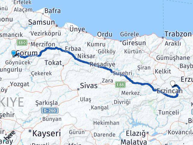 Çorum Çayırlı Erzincan Arası Kaç Km - Yol Haritası