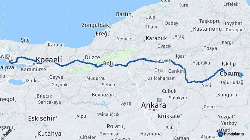 Çorum Çayırova Kocaeli Arası Kaç Km - Yol Haritası