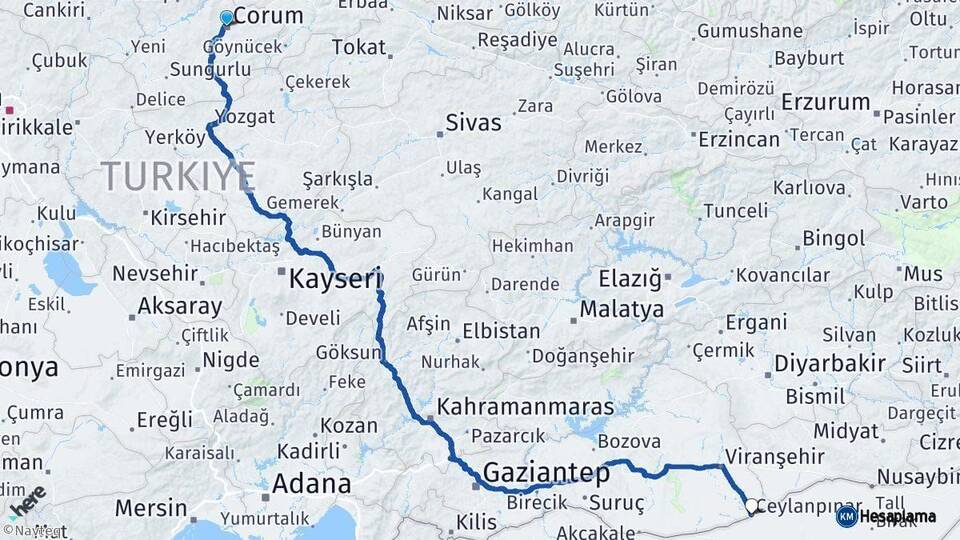 Çorum Ceylanpınar Şanlıurfa Arası Kaç Km - Yol Haritası