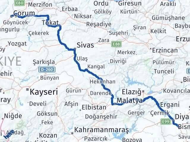 Çorum Çınar Diyarbakır Arası Kaç Km - Yol Haritası