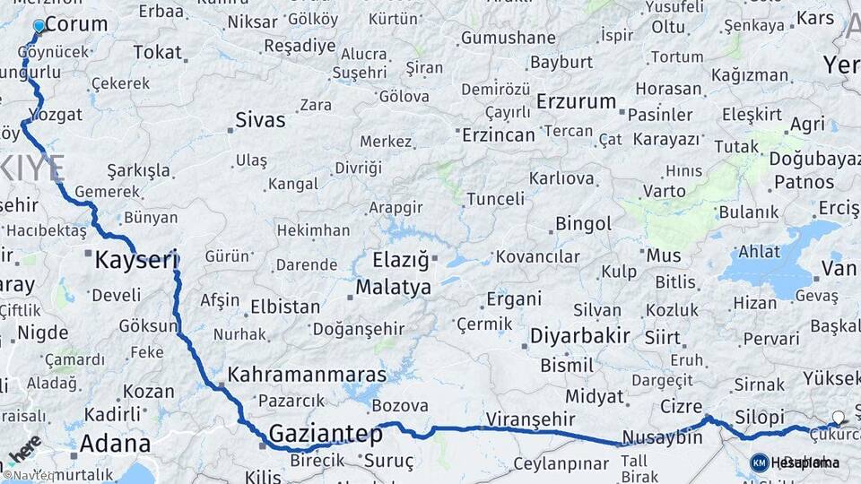 Çorum Çukurca Hakkari Arası Kaç Km - Yol Haritası