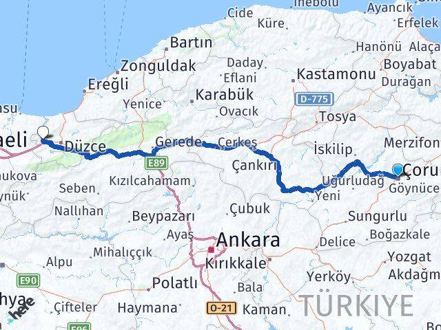 Çorum Cumayeri Düzce Arası Kaç Km - Yol Haritası