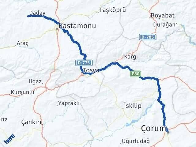 Çorum Daday Kastamonu Arası Kaç Km - Yol Haritası