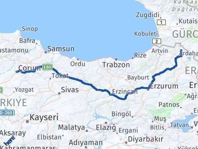 Çorum Damal Ardahan Arası Kaç Km - Yol Haritası