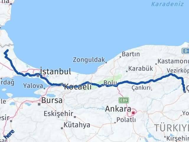 Çorum Demirköy Kırklareli Arası Kaç Km - Yol Haritası