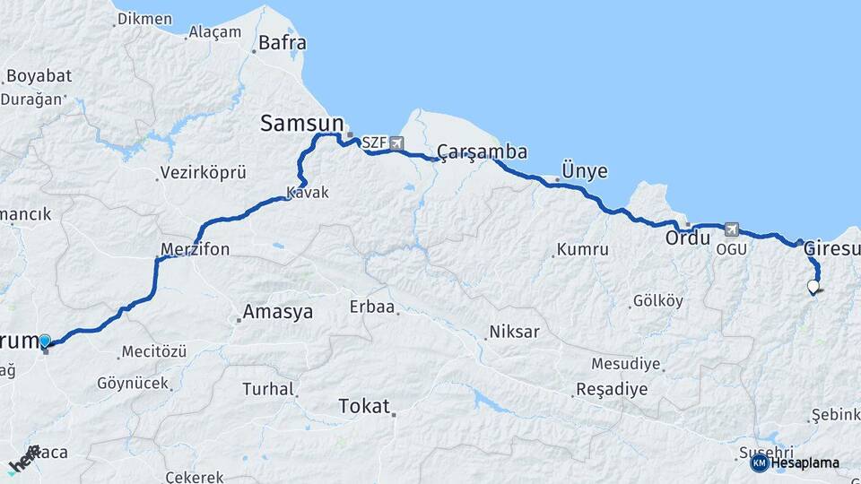 Çorum Dereli Giresun Arası Kaç Km - Yol Haritası