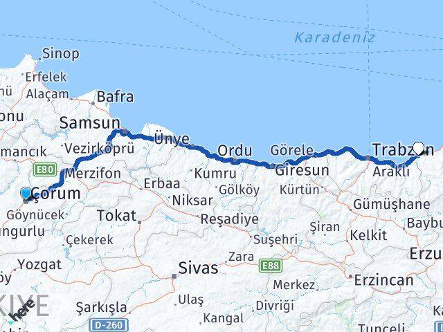 Çorum Derepazarı Rize Arası Kaç Km - Yol Haritası