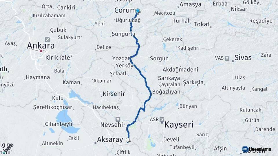Çorum Derinkuyu Nevşehir Arası Kaç Km - Yol Haritası