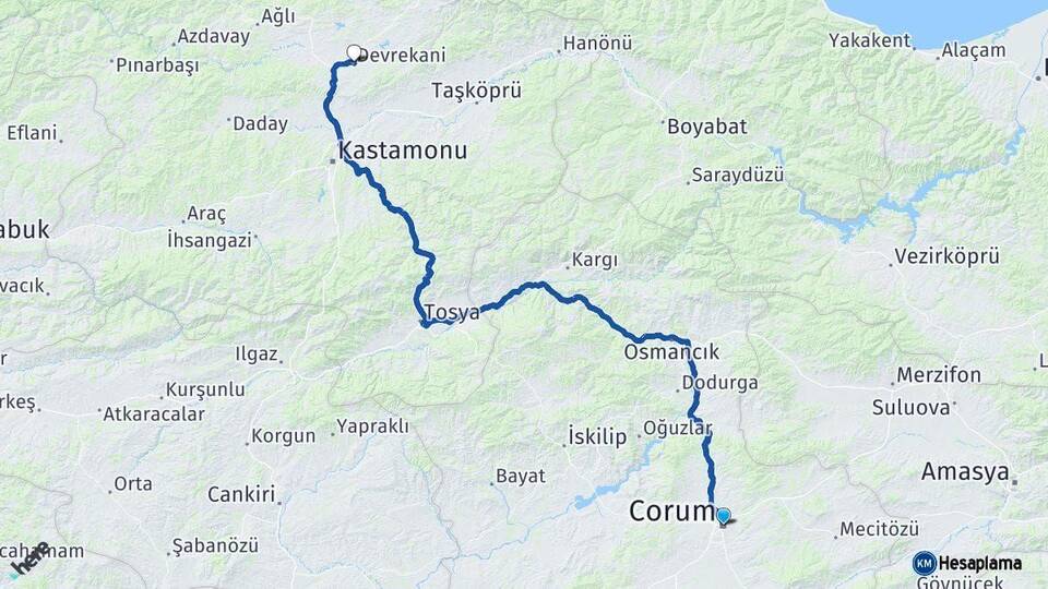 Çorum Devrekani Kastamonu Arası Kaç Km - Yol Haritası