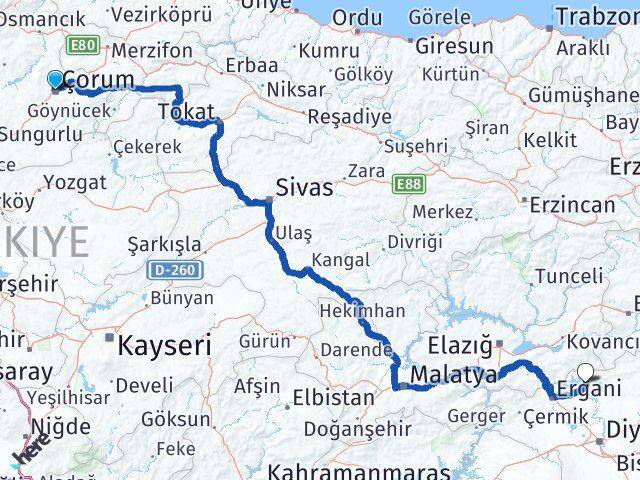 Çorum Dicle Diyarbakır Arası Kaç Km - Yol Haritası