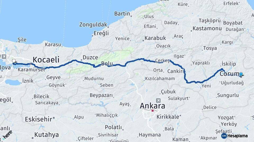 Çorum Dilovası Kocaeli Arası Kaç Km - Yol Haritası