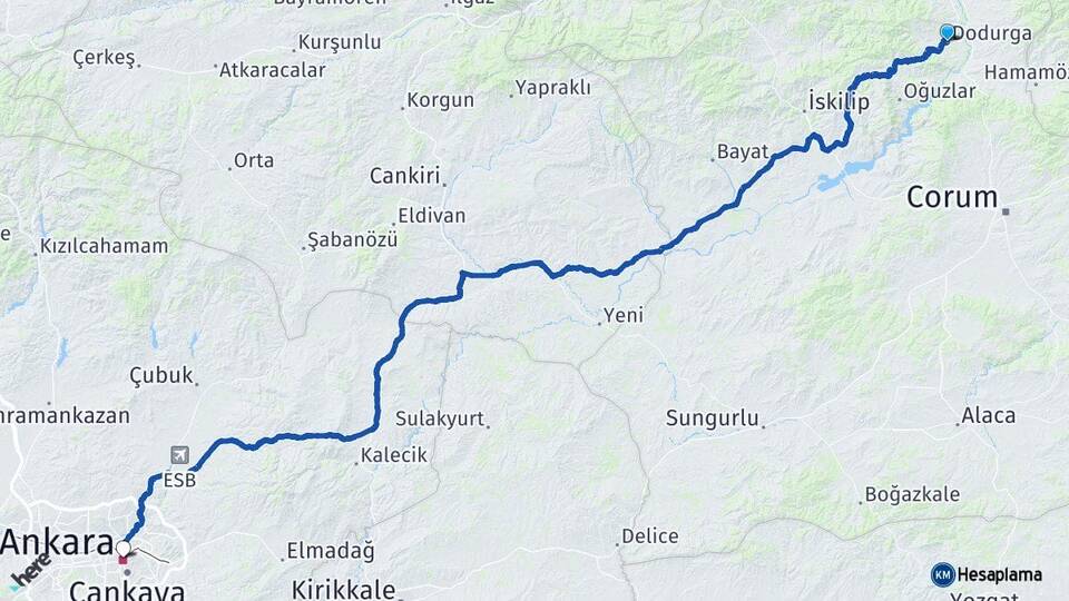 Çorum Dodurga Ankara Arası Kaç Km - Yol Haritası