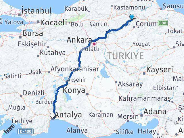 Çorum Dodurga Antalya Arası Kaç Km - Yol Haritası