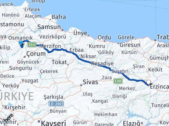 Çorum Dodurga Erzincan Arası Kaç Km - Yol Haritası