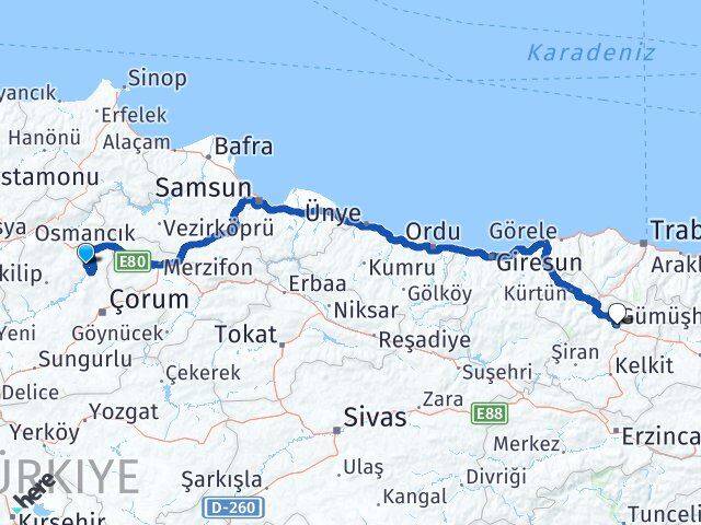 Çorum Dodurga Gümüşhane Arası Kaç Km - Yol Haritası