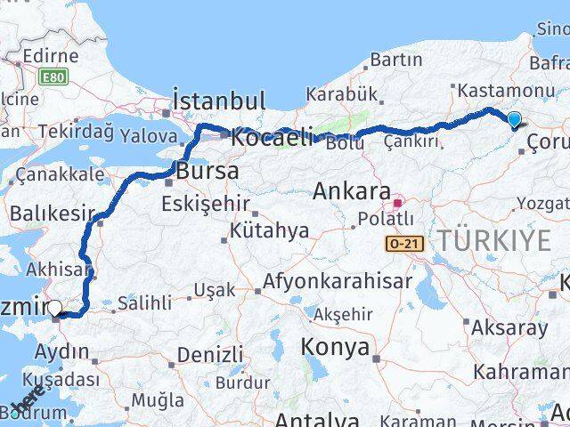 Çorum Dodurga İzmir Arası Kaç Km - Yol Haritası