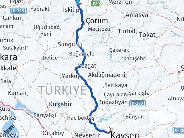 Çorum Dodurga Kayseri Arası Kaç Km - Yol Haritası