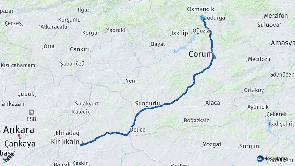 Çorum Dodurga Kırıkkale Arası Kaç Km - Yol Haritası