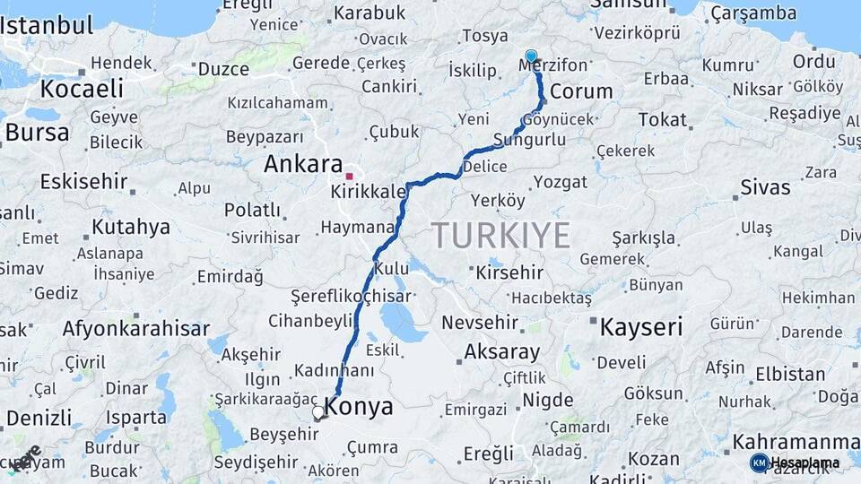 Çorum Dodurga Konya Arası Kaç Km - Yol Haritası